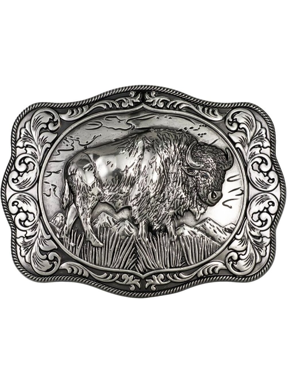 Men Silver Vintage Rectangle Buffalo Buckle Scalloped Western Belt